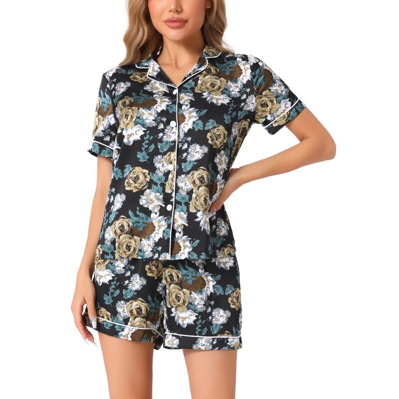 cheibear レディース アンダーウェア ナイトウェア ボタンダウン ショートパンツ ダウン cheibear Womensleepwear Button Down Tops With Shortsummer Pajama Sets Black Flowers ブラック｜ReVida 店