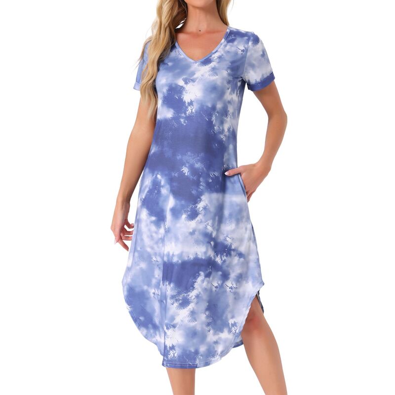 cheibear レディース アンダーウェア ナイトウェア Vネック cheibear Women's V Neck Short Sleeve Long Nightgown Lounge Dress with Pocketie Dye Grey Blue グレー