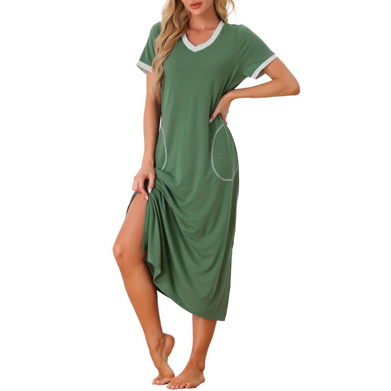 cheibear レディース アンダーウェア ナイトウェア Vネック シャツ cheibear Women's V Neck Nightshirt Long Basic Slit Nightgown Short Sleeve Sleepshirt With Pockets Green グリーン｜ReVida 店 8,610円