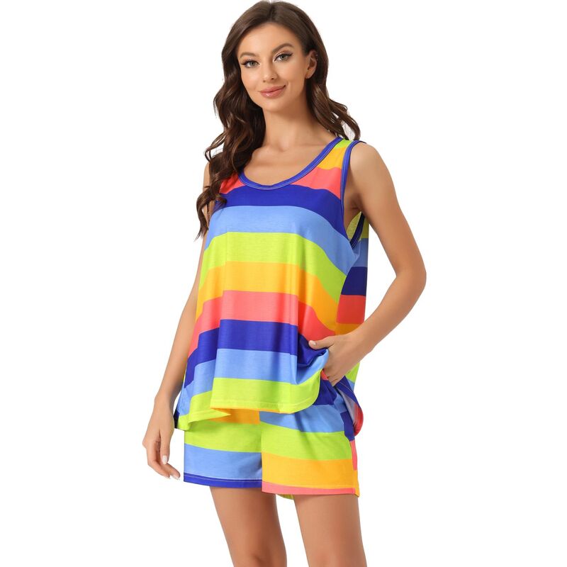cheibear レディース アンダーウェア ナイトウェア ショートパンツ cheibear Women's Lounge Outfits With Pockets Rainbow Tank Tops With Shortstripe Pajama Sets Blue ブルー
