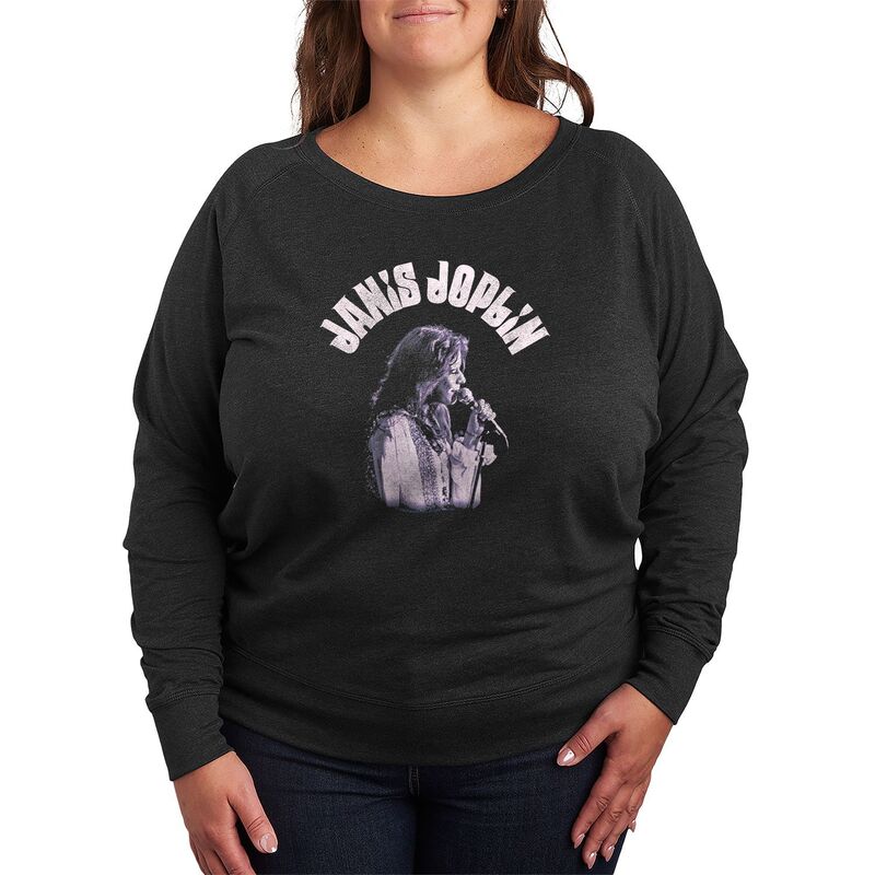 アニメキャラクター レディース トップス Tシャツ プラスサイズ パイル Licensed Character Plusize Janis Joplin Portrait Distressed French Terry Long Sleeve Tee Heather Charcoal チャコール