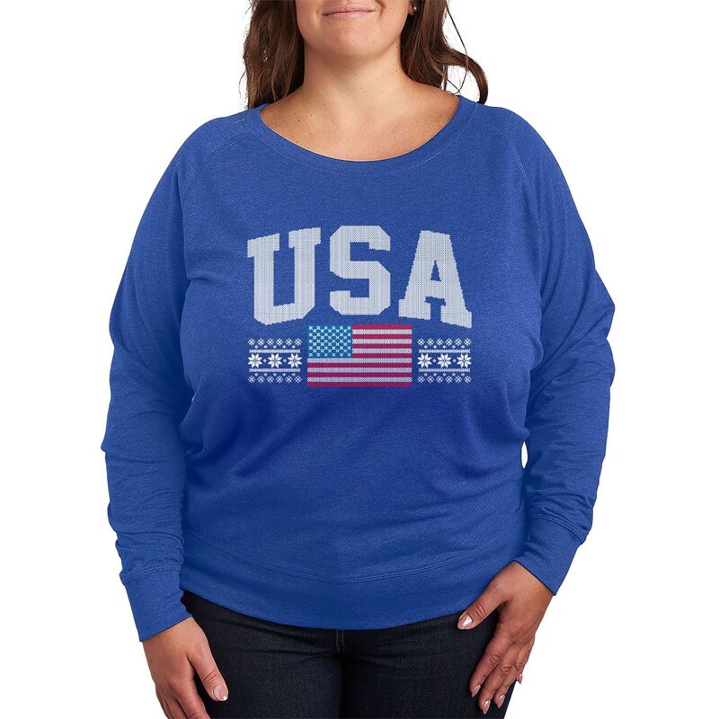 アニメキャラクター レディース トップス Tシャツ プラスサイズ パイル セーター Licensed Character Plusize USA Winter Sportsweater Pattern French Terry Long Sleeve Tee Heatheroyal Blue ヘザー