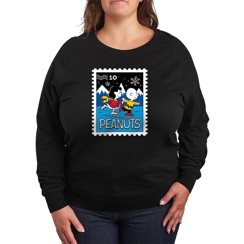 アニメキャラクター レディース トップス Tシャツ プラスサイズ パイル Licensed Character Plusize Peanuts Lucy & Charlie's Ice Skating Stamp French Terry Long Sleeve Tee Black ブラック
