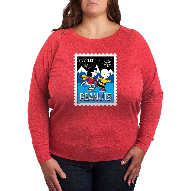 アニメキャラクター レディース トップス Tシャツ プラスサイズ パイル Licensed Character Plusize Peanuts Lucy & Charlie's Ice Skating Stamp French Terry Long Sleeve Tee Heathered ヘザー