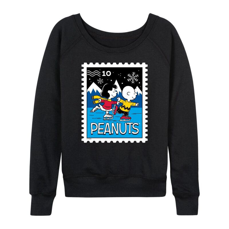 アニメキャラクター レディース トップス Tシャツ パイル Licensed Character Women's Peanuts Lucy & Charlie Ice Skating Stamp French Terry Long Sleeve Tee Black ブラック