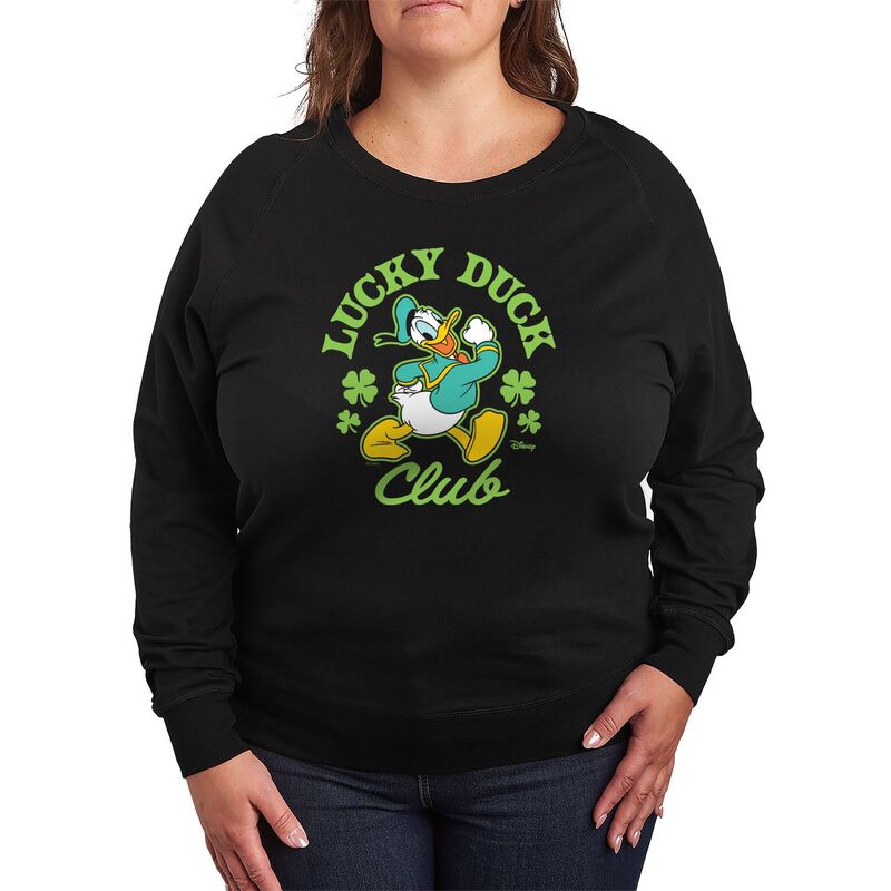 アニメキャラクター レディース トップス Tシャツ プラスサイズ パイル Licensed Character Plusize Disney's Donalduck Lucky Duck Club French Terry Long Sleeve Tee Black ブラック