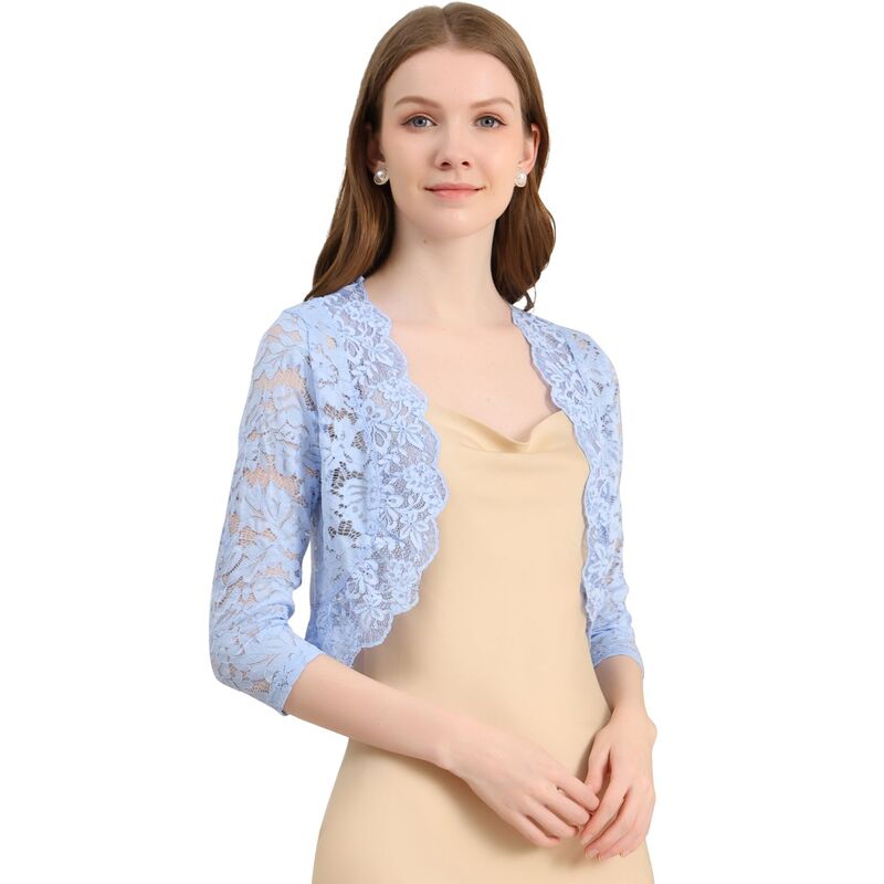 アレグラ ケー レディース トップス シャツ フラワー柄 シアー レース フラワー ALLEGRA K Women's Elegant 3/4 Sleeve Sheer Lace Floral Open Front Shrug Top Light Blue ブルー|ReVida 店