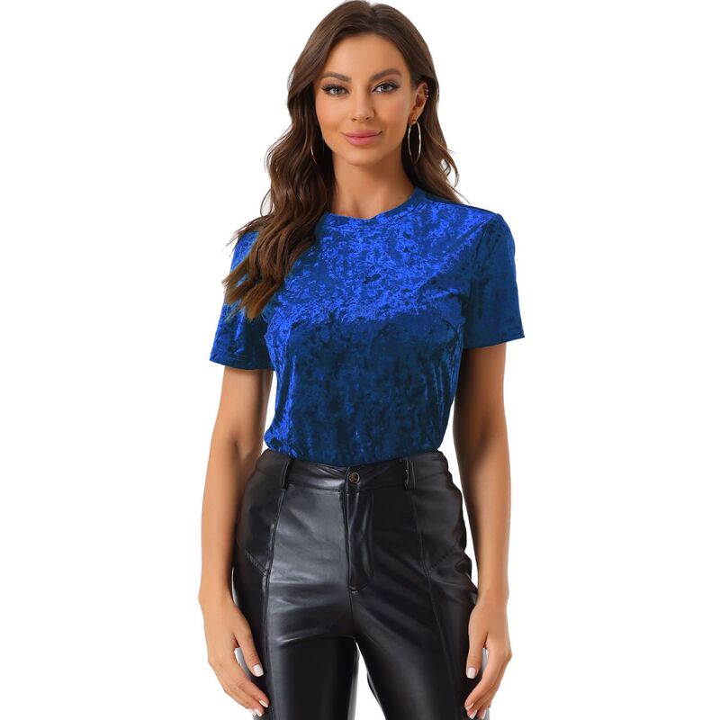 アレグラ ケー レディース トップス シャツ クルーネック ベルベット ALLEGRA K Women's Party Velvetop Crew Neck Short Sleeve Casual T-Shirt Sapphire Blue ブルー｜ReVida 店