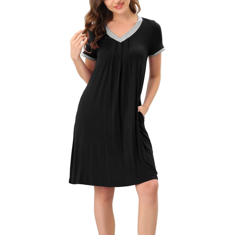 cheibear レディース アンダーウェア ナイトウェア Vネック シャツ cheibear Women's Pajama Dress Nightshirt Sleepwear V-Neck with Pockets Lounge Nightgown Black ブラック