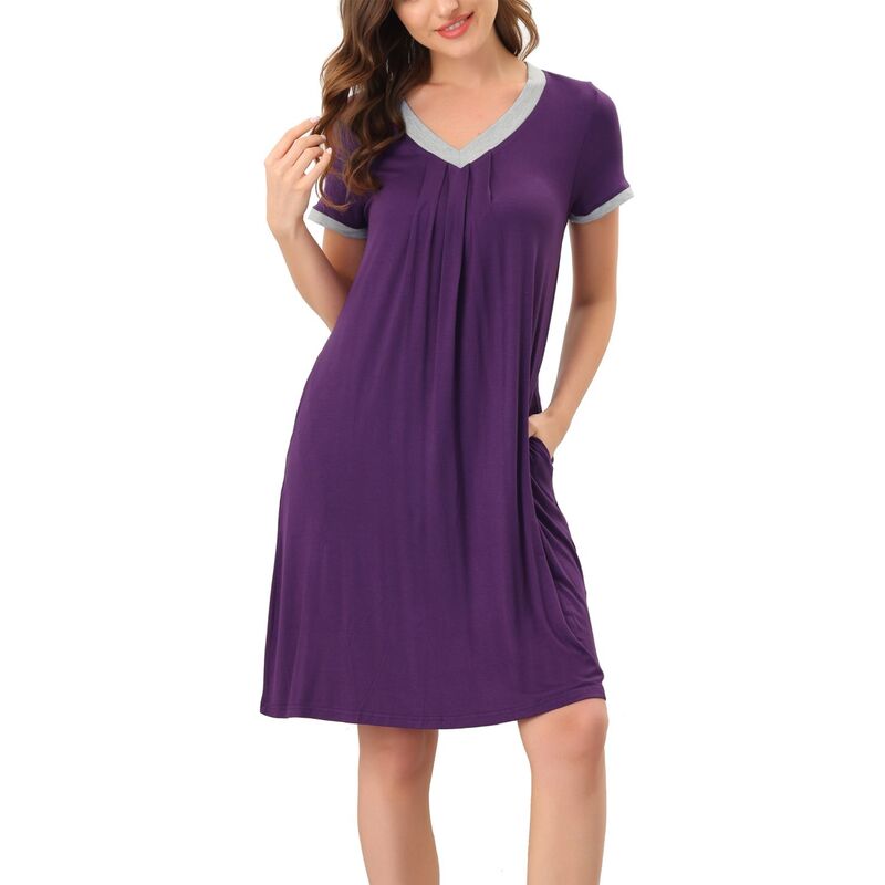 cheibear レディース アンダーウェア ナイトウェア Vネック シャツ cheibear Women's Pajama Dress Nightshirt Sleepwear V-Neck with Pockets Lounge Nightgown Purple パープル