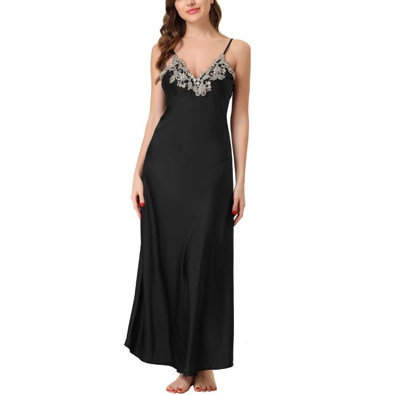 cheibear レディース アンダーウェア ナイトウェア サテン ノースリーブ レース cheibear Womens Lace Satin Sleeveless Nigthgown Sleepwear Pajama Dress Black ブラック