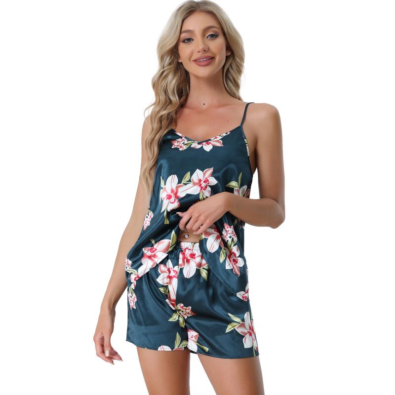 cheibear レディース アンダーウェア ナイトウェア シャツ サテン ノースリーブ cheibear Womensleeveless Cami Shirt Satin Lounge Set Nightwear Sleepwear Pajama Sets Blue ブルー|ReVida 店