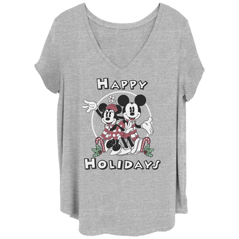 ディズニー レディース トップス Tシャツ Vネック プラスサイズ Disney's Mickey Mouse & Minnie Juniors' Plusize Happy Holidays V-Neck Tee Heather Gray グレー