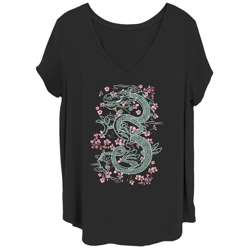 ディズニー レディース トップス Tシャツ フラワー柄 プラスサイズ フラワー グラフィック Disney's Mulan Mushu Floral Background Juniors' Plus Graphic Tee Black ブラック