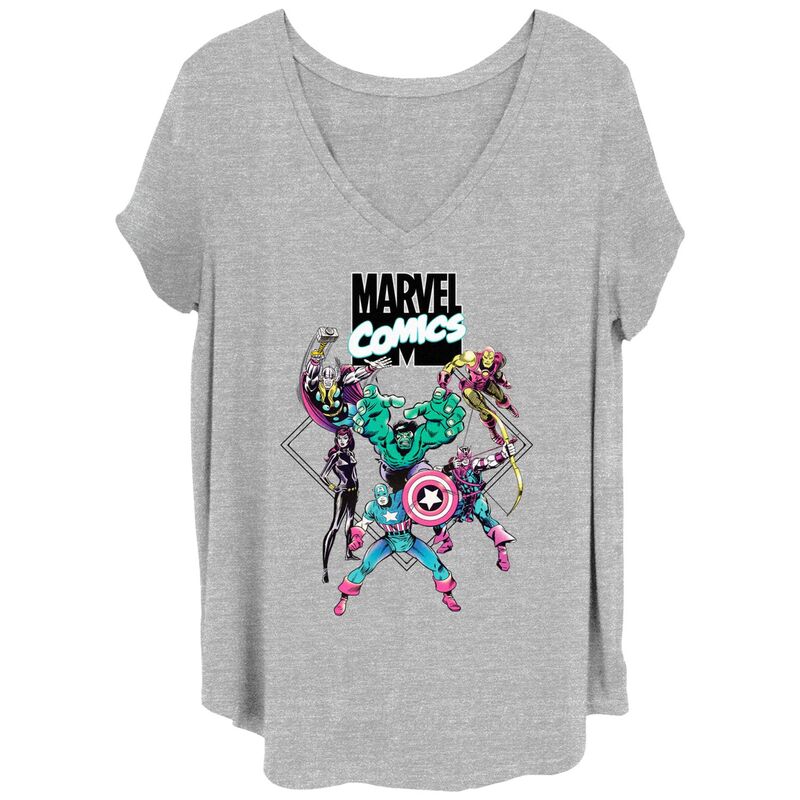 アニメキャラクター レディース トップス Tシャツ Vネック プラスサイズ グラフィック Licensed Character Juniors' Plusize Marvel Comics Avengers V-Neck Graphic Tee Heather Gray グレー