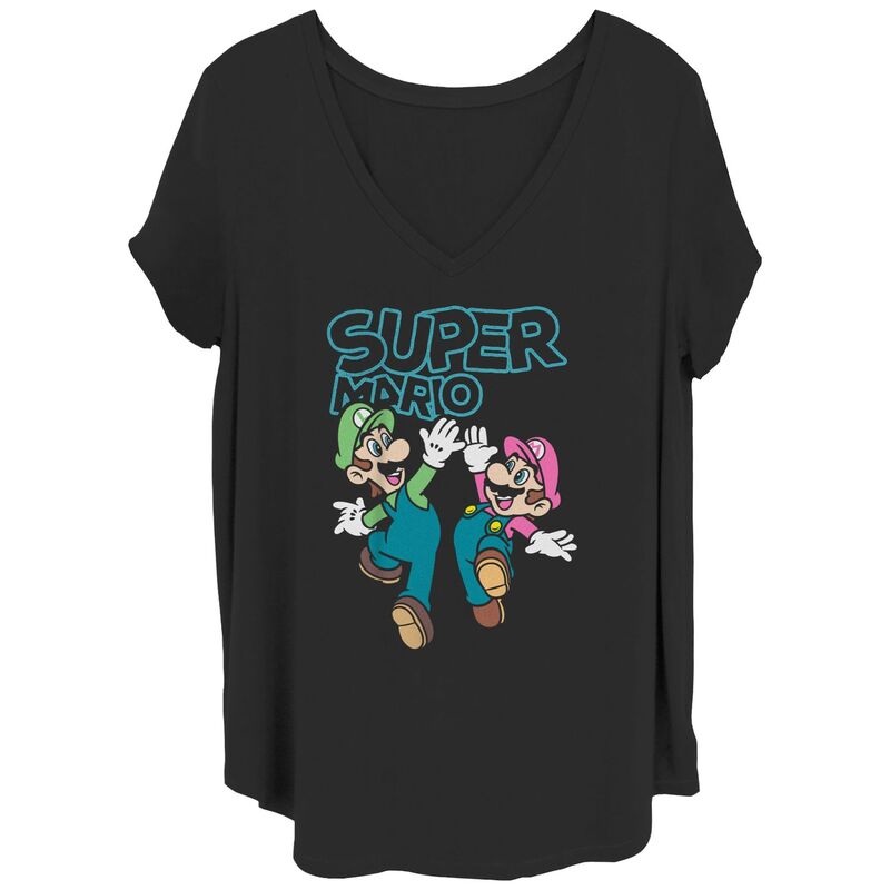 アニメキャラクター レディース トップス Tシャツ Vネック プラスサイズ グラフィック Licensed Character Juniors' Plusize Super Mario Bros And Luigi High Five V-Neck Graphic Tee Black ブラック