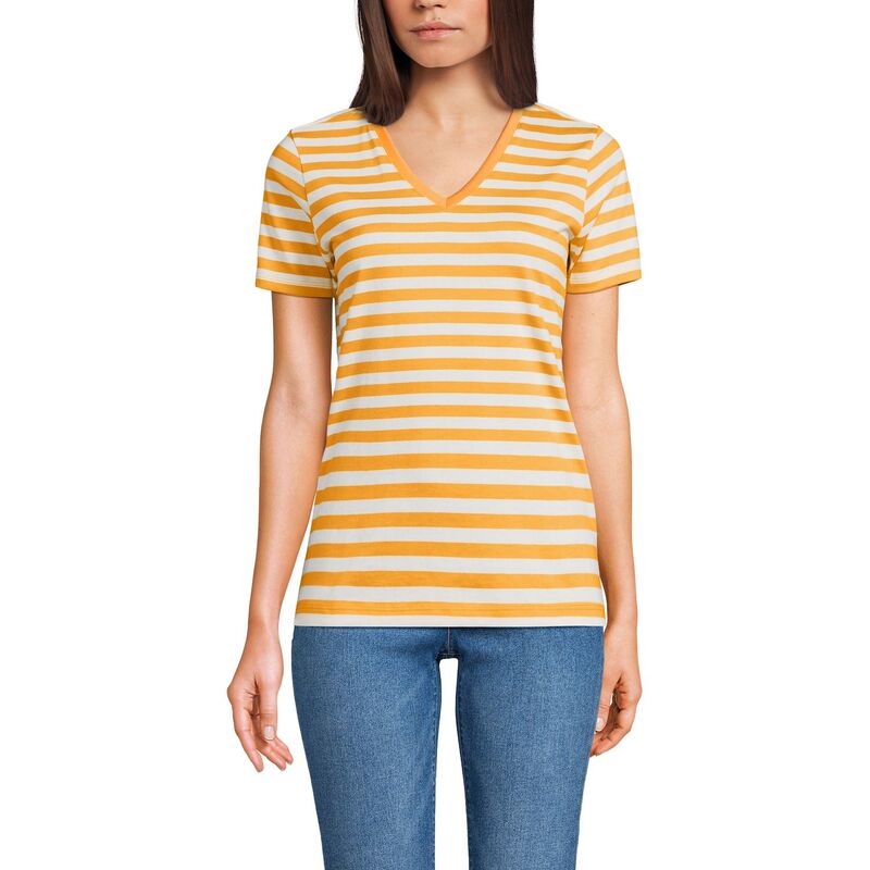 ランズ挙げ句の果て レディース トップス プルオーバー Vのど首 綿織物 Women\u0027s Lands\u0027 End Relaxed-Fit Supima Cotton V-Neck Tee Mango Even Stripe 縞模様