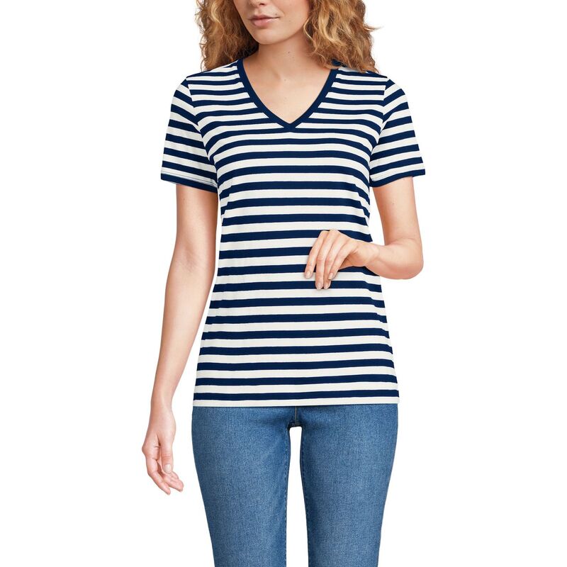 ランズ挙げ句の果て レディース トップス プルオーバー Vのど首 綿織物 Women\u0027s Lands\u0027 End Relaxed-Fit Supima Cotton V-Neck Tee Sea Navy Even Stripe 米国海軍