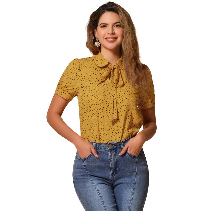 アレグラ ケー レディース トップス プルオーバー シフォン トップ ALLEGRA K Women\u0027s Retro Dots Blouses Bow Tie Peter Pan Collar Chiffon Blouse Yellow Dots 黄色
