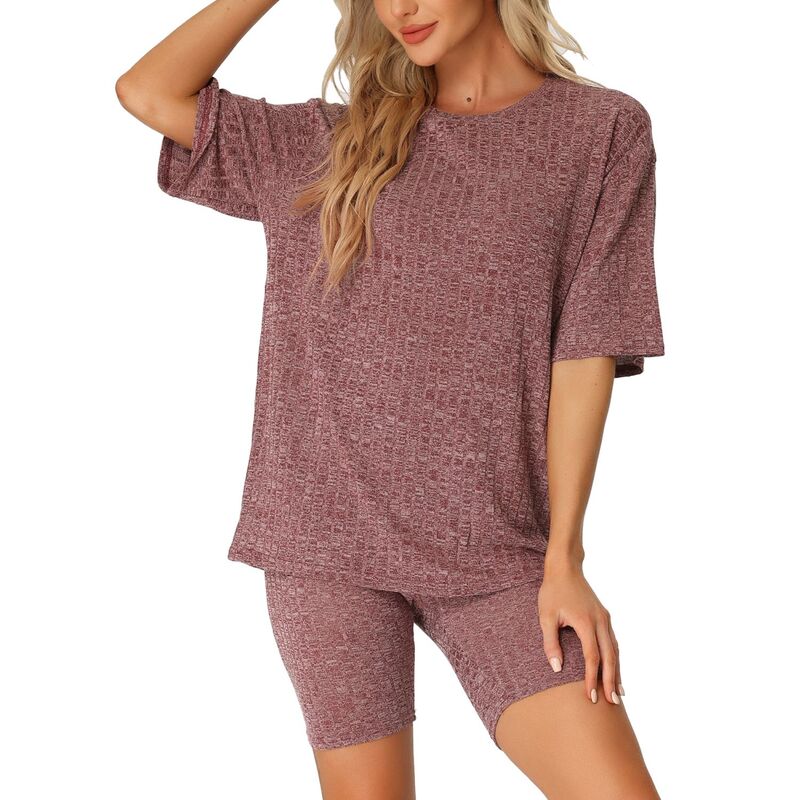 cheibear レディース アンダーウェア ナイトウェア リブ トラックスーツ スウェット シャツ ショートパンツ ニット cheibear Women's Ribbed Knit Softracksuit Sweatshirt Set Shorts Loungewear Sleepwear Dark Red レッド
