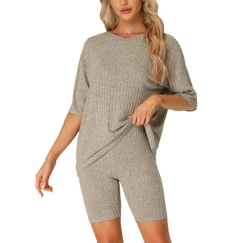 cheibear レディース アンダーウェア ナイトウェア リブ トラックスーツ スウェット シャツ ショートパンツ ニット cheibear Women's Ribbed Knit Softracksuit Sweatshirt Set Shorts Loungewear Sleepwear Khaki カーキ