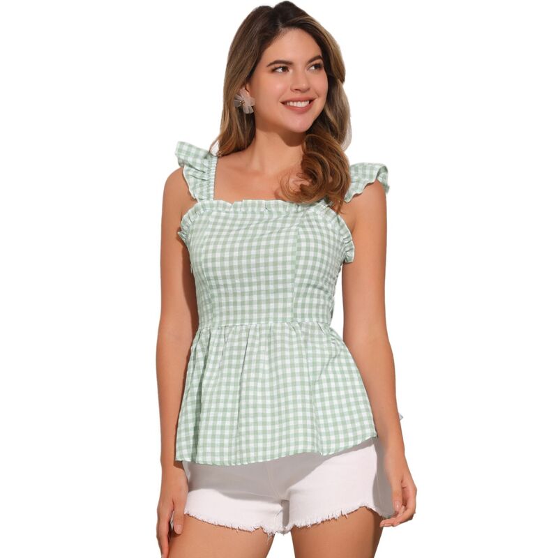 アレグラ ケー レディース トップス Tシャツ ギンガムチェック ノースリーブラウス ギンガム ALLEGRA K Gingham Peplum Top For Women Summer Square Neck Sleeveless Plaid Blouse Light Pea Green グリーン
