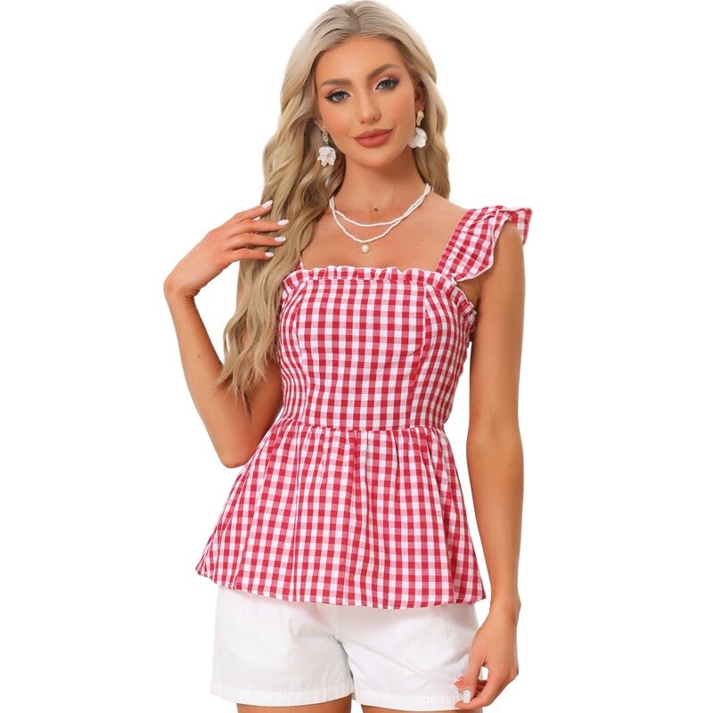 アレグラ ケー レディース トップス Tシャツ ギンガムチェック ノースリーブラウス ギンガム ALLEGRA K Gingham Peplum Top For Women Summer Square Neck Sleeveless Plaid Blouse Red レッド|ReVida 店