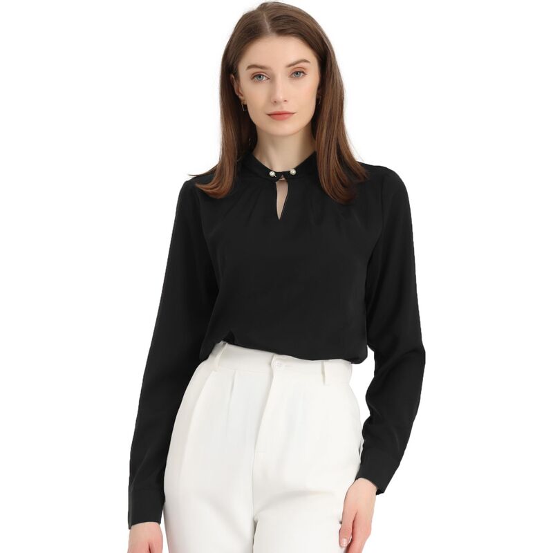 アレグラ ケー レディース トップス プルオーバー 筋目 トップ ALLEGRA K Women\u0027s Pleated Mock-Neck Pearl Decor Elegant Work Blouse Top Black 黒いこと