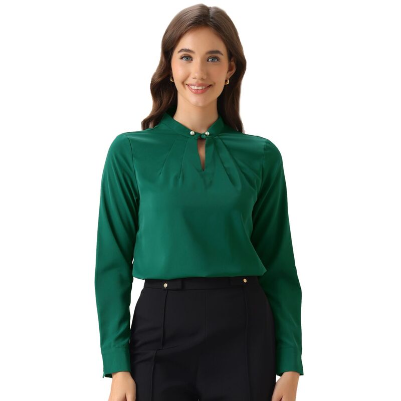 アレグラ ケー レディース トップス プルオーバー 筋目 トップ ALLEGRA K Women\u0027s Pleated Mock-Neck Pearl Decor Elegant Work Blouse Top Dark Green 緑であること