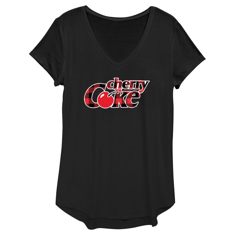 アニメキャラクター レディース トップス Tシャツ Vネック プリント ロゴ Licensed Character Juniors' Coca-Cola Cherry Coke Plaid Print Logo V-Neck Tee Black ブラック