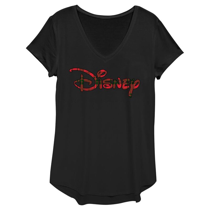 ディズニー レディース トップス Tシャツ Vネック プリント ロゴ Disney's Plaid Print Logo Juniors' V-Neck Tee Black ブラック