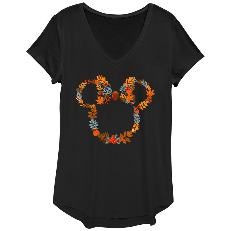 ディズニー レディース トップス Tシャツ Vネック グラフィック Disney's Mickey Mouse Juniors' Autumn Wreath V-Neck Graphic Tee Black ブラック
