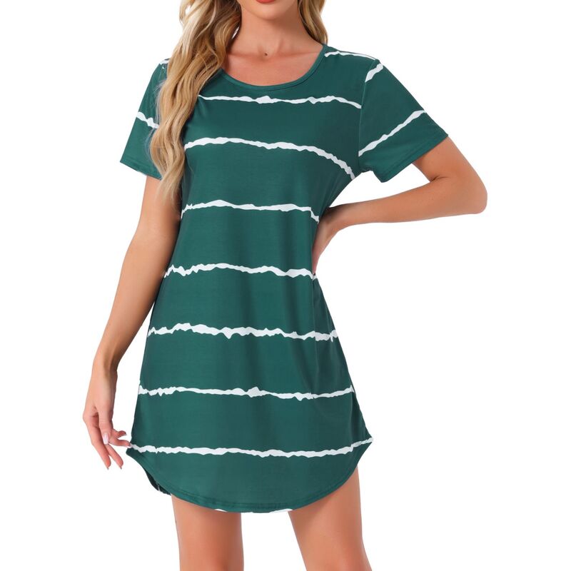 cheibear レディース アンダーウェア ナイトウェア シャツ cheibear Women's Round Neck Nightshirt Striped Short Sleeve Sleepshirt Nightgown Blue Green ブルー