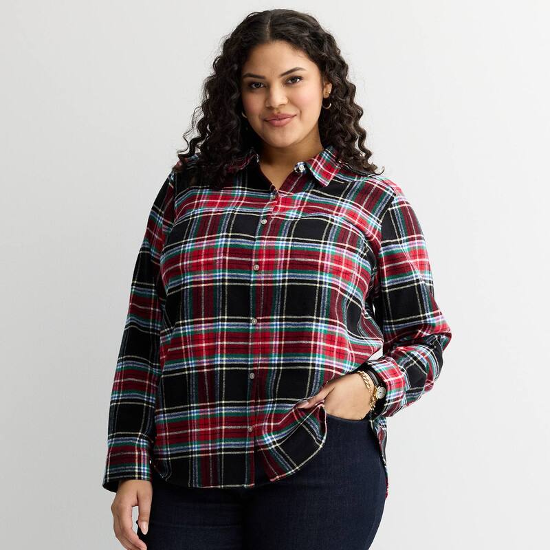 クロフト＆バロー レディース トップス シャツ プラスサイズ Plusize Croft & Barrow Thextra Soft Plaid Flannel Shirt Black Festive Plaid ブラック 5,514円