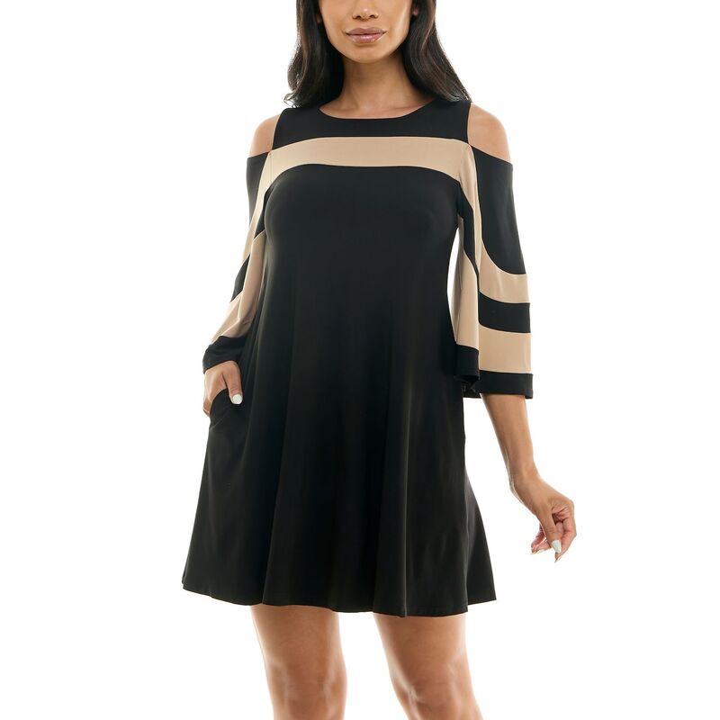 ニナレオナルド レディース トップス ワンピース ドレープ Women's Nina Leonardraped Sleeve Cold-Shoulder Dress Black Tan ブラック