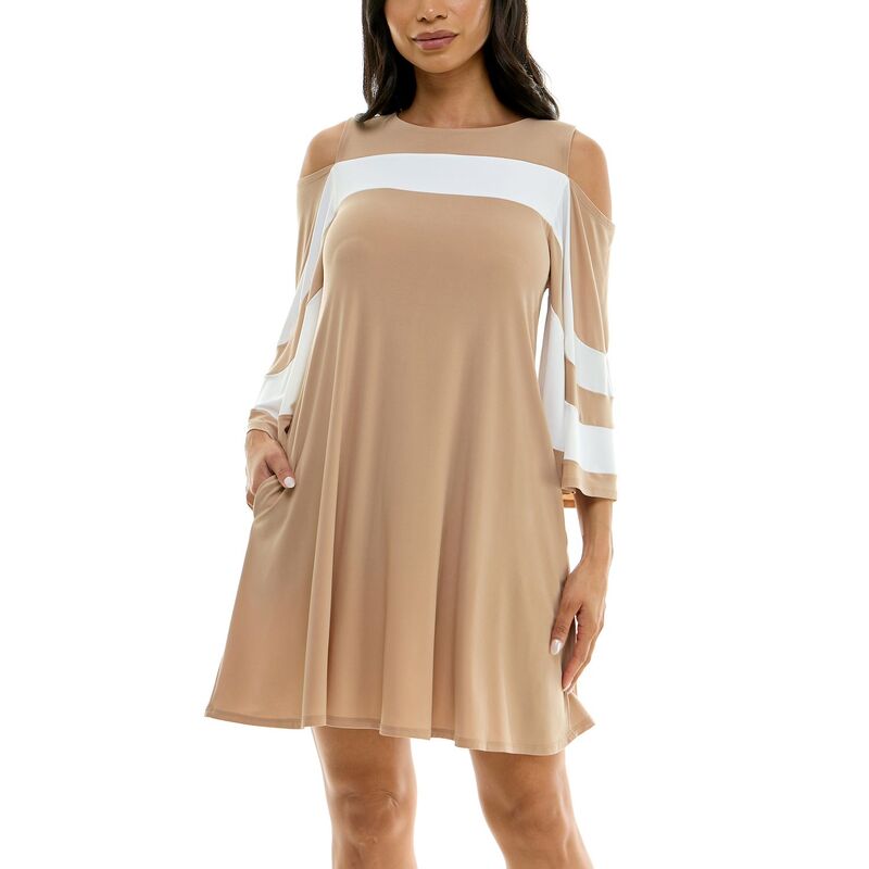ニナレオナルド レディース トップス ワンピース ドレープ Women's Nina Leonardraped Sleeve Cold-Shoulder Dress Tan Ivory アイボリー