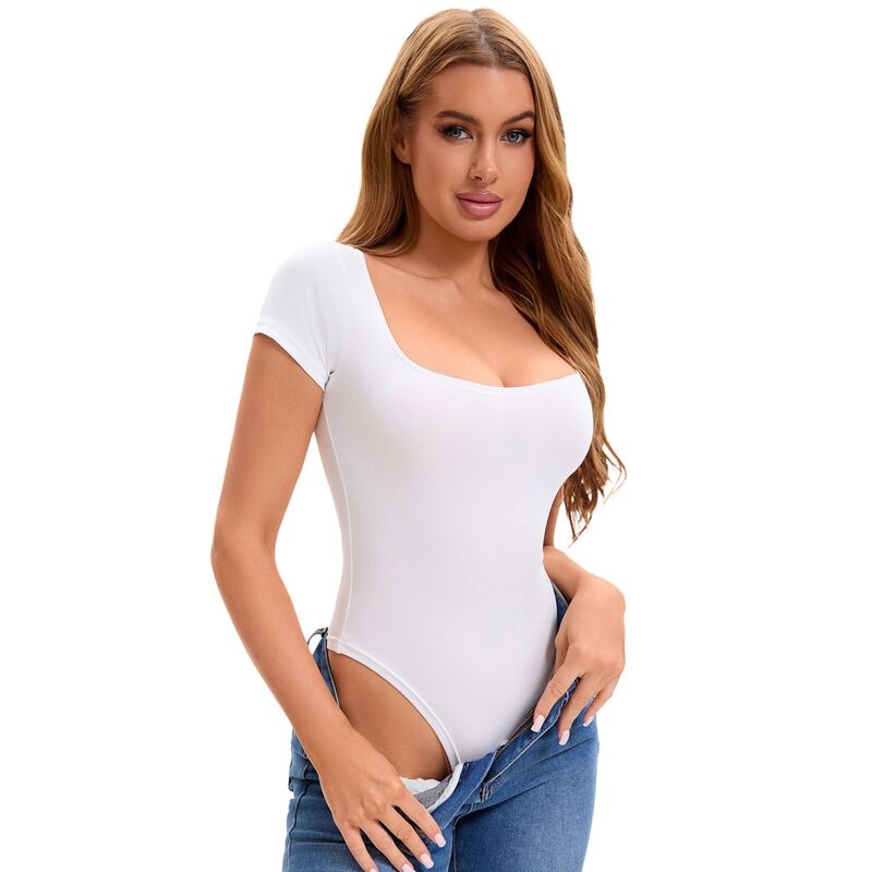 アレグラ ケー レディース トップス シャツ ボディースーツ ALLEGRA K Women'square Neck Bodysuitummy Control Shapewear Thong Short Sleeve Leotard White ホワイト