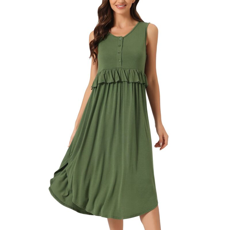 cheibear レディース アンダーウェア ナイトウェア プリーツ フリル シャツ ノースリーブ マタニティ cheibear Women Ruffle Nightshirt Maternity Sleevelessleepshirt Pleated Loose Nightgown Army Green グリーン