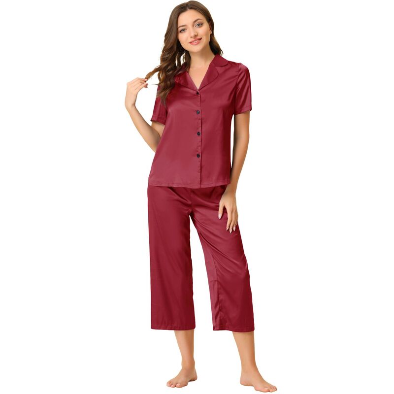 cheibear レディース アンダーウェア ナイトウェア パンツ サテン キャップ cheibear Women's Loungewear Tops and Capri Pantsatin Pajama Sets Wine Red レッド