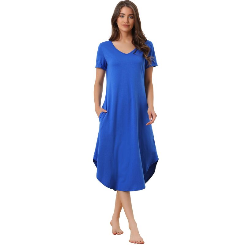 cheibear レディース アンダーウェア ナイトウェア Vネック cheibear Women's V Neck Short Sleeve Long Nightgown Lounge Dress with Pocket Royal Blue ブルー