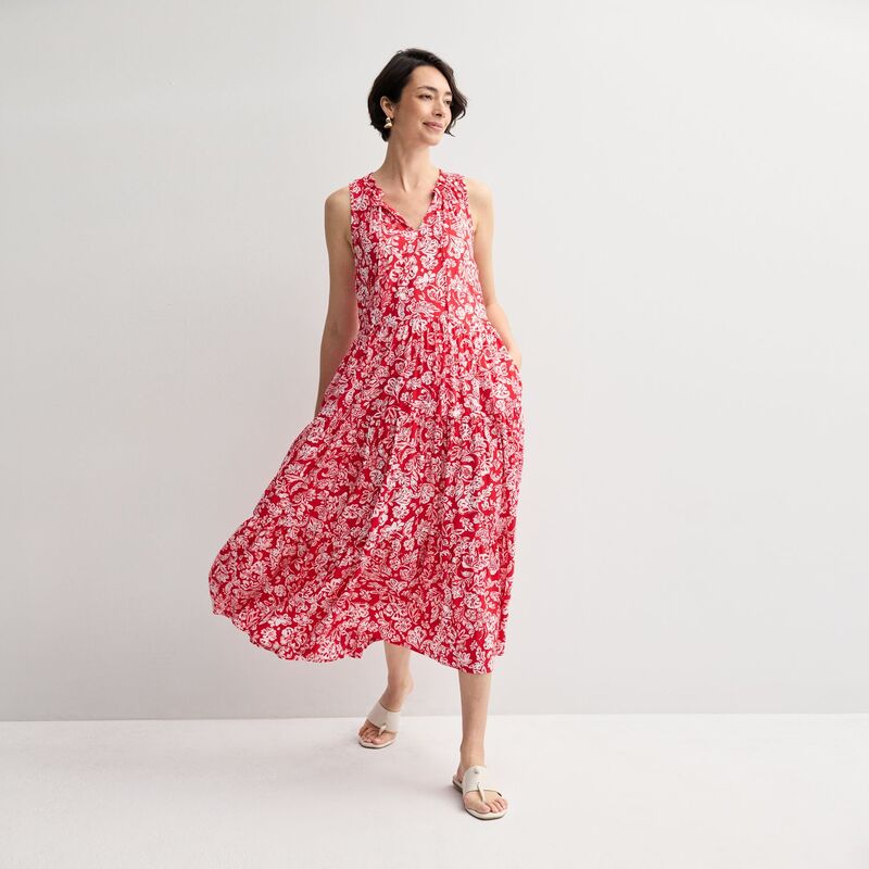 クロフト＆バロー レディース トップス ワンピース ティアード ノースリーブ マキシ Women's Croft & Barrow Flowy Sleeveless Tiered Maxi Dress Red Stamped Floral レッド