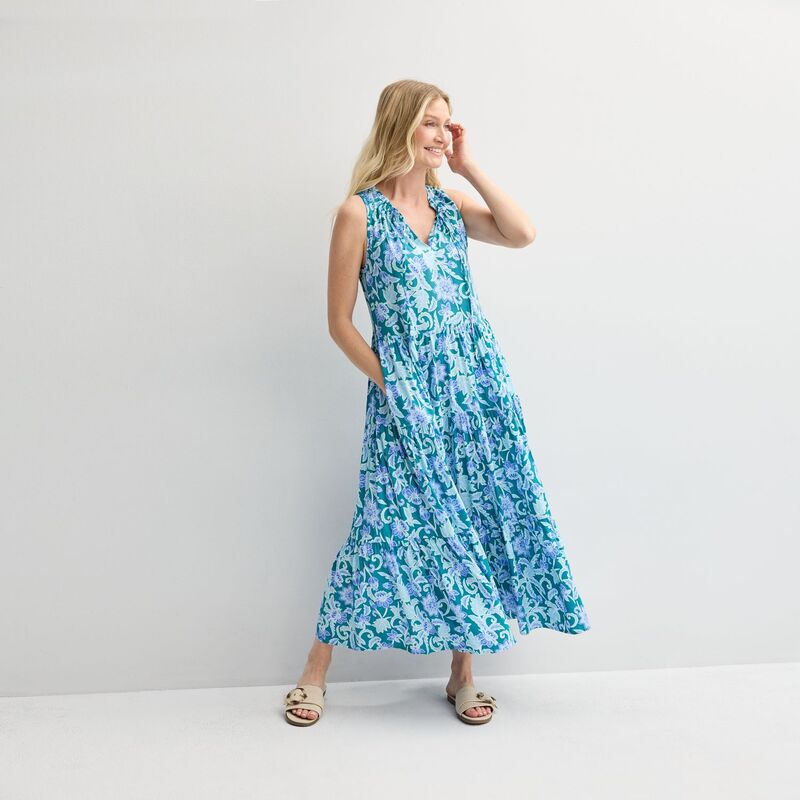 クロフト＆バロー レディース トップス ワンピース ティアード ノースリーブ マキシ Women's Croft & Barrow Flowy Sleeveless Tiered Maxi Dress Teal Blue Fun Garden ブルー