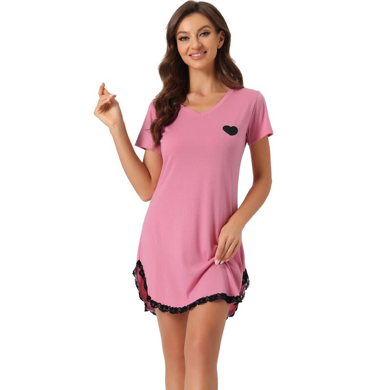 cheibear レディース アンダーウェア ナイトウェア Vネック レーストリム レース cheibear Women's Pajama Dress Lace Trim V-neck Short Sleeves Lounge Nightgowns Pink ピンク