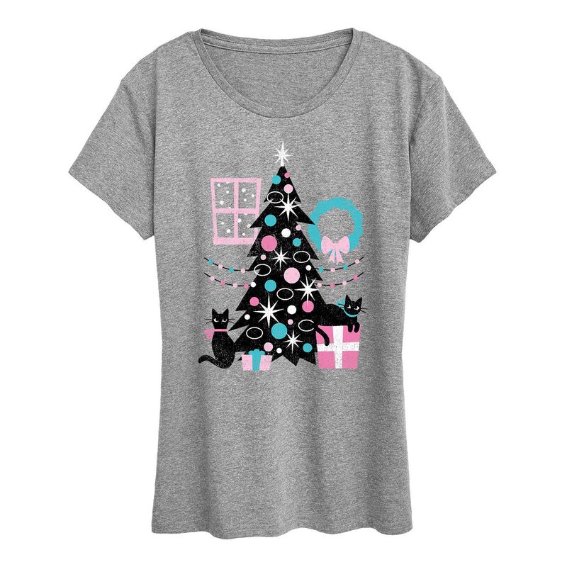 アニメキャラクター レディース トップス Tシャツ グラフィック Licensed Character Women's Cats And Christmas Tree Graphic Tee Gray グレー
