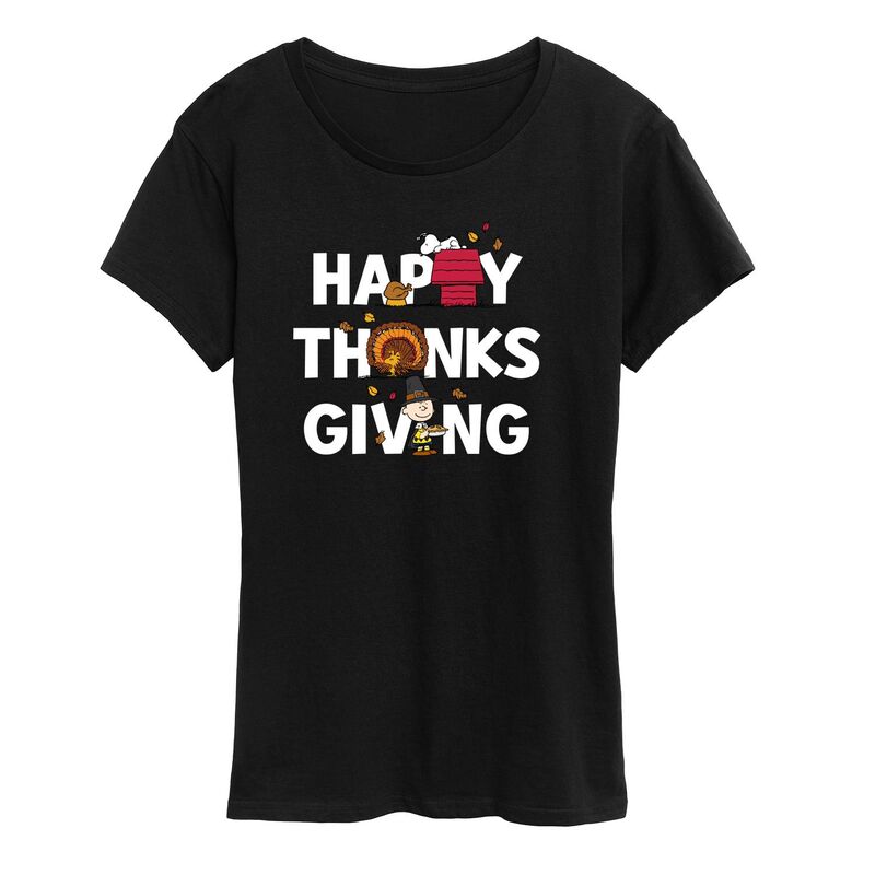 アニメキャラクター レディース トップス Tシャツ グラフィック Licensed Character Women's Peanuts Thanksgiving Icons Graphic Tee Black ブラック
