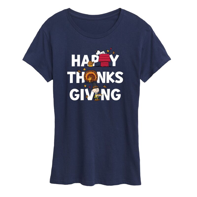 アニメキャラクター レディース トップス Tシャツ グラフィック Licensed Character Women's Peanuts Thanksgiving Icons Graphic Tee Navy ネイビー