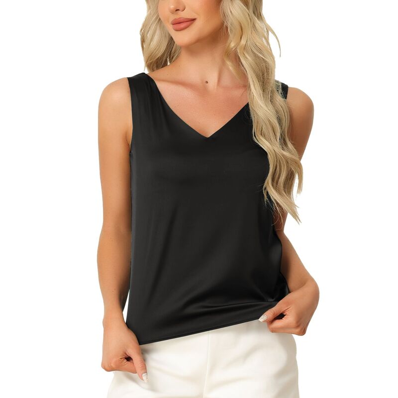 cheibear レディース アンダーウェア ナイトウェア Vネック サテン シルク ブラウス cheibear Women'satin Silky Basic V Neck Tank Top Blouse Black ブラック