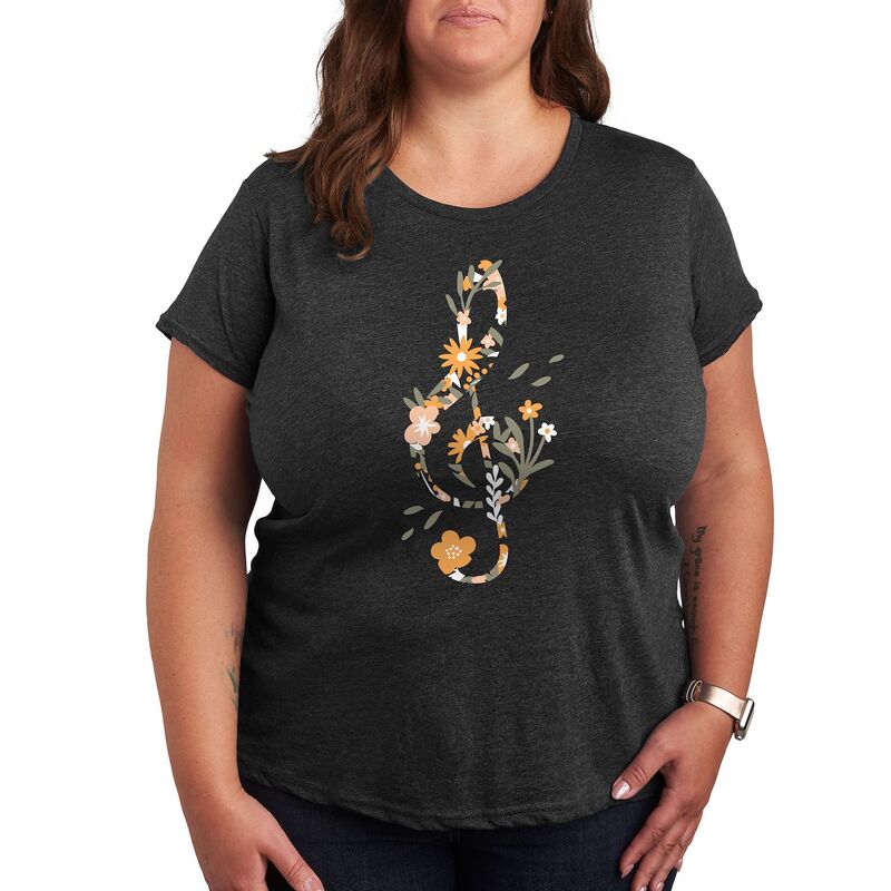 アンブランデッド レディース トップス Tシャツ フラワー柄 プラスサイズ フラワー グラフィック Unbranded Plus Floral Treble Clef Graphic Tee Heather Charcoal チャコール