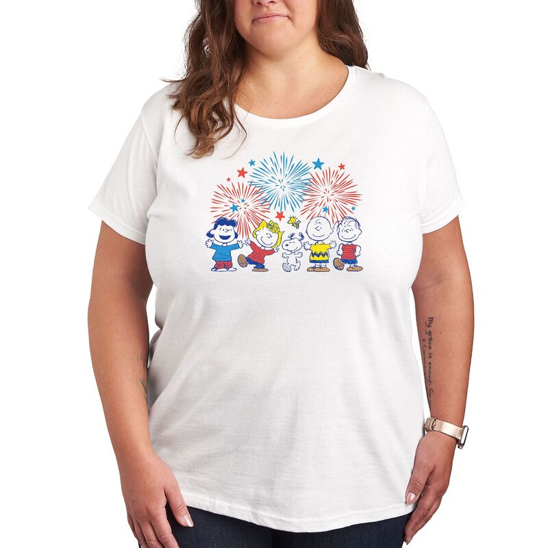 アニメキャラクター レディース トップス Tシャツ プラスサイズ グラフィック Licensed Character Plus Peanuts Fireworks Graphic Tee White ホワイト