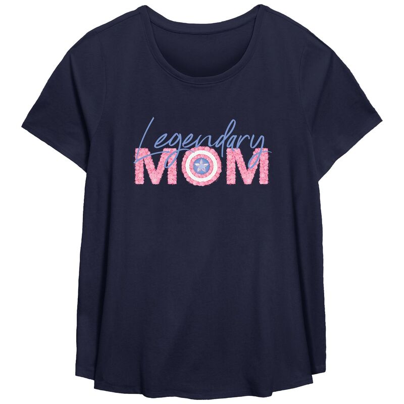 アニメキャラクター レディース トップス Tシャツ プラスサイズ キャップ グラフィック Licensed Character Plusize Captain America Legendary Mom Scoop Hem Flowy Graphic Tee Navy ネイビー